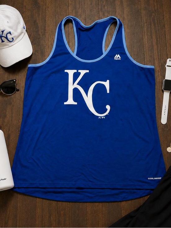 Majestic Tops - Majestic Kansas City Royals Cool Base Racerback Tank Top Blue White Logo XXL